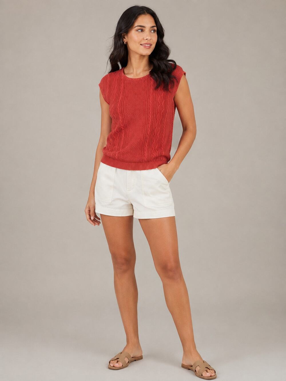 LR1852 dip Womens Medium Rust Red Cable Knit Short Sleeve Sweater Top